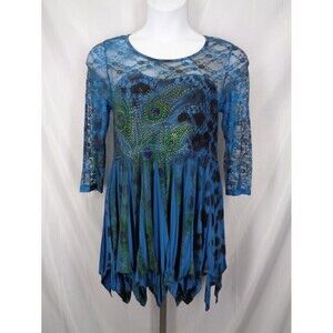 Pyramid Collection Blue Peacock Lace Tunic Top Small ? No Tag Whimsigoth Fairy